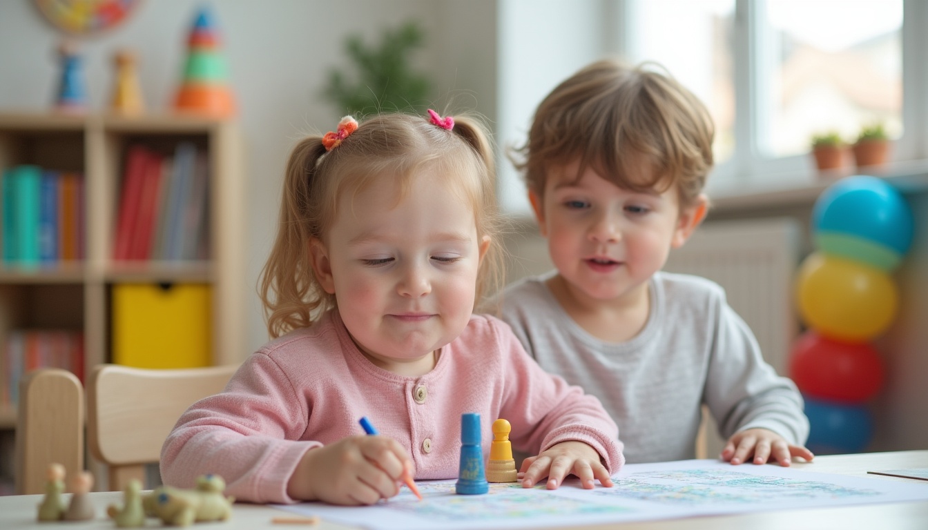 Copii fericiți jucându-se într-o cresa privata Ploiesti, sub supravegherea educatorilor.