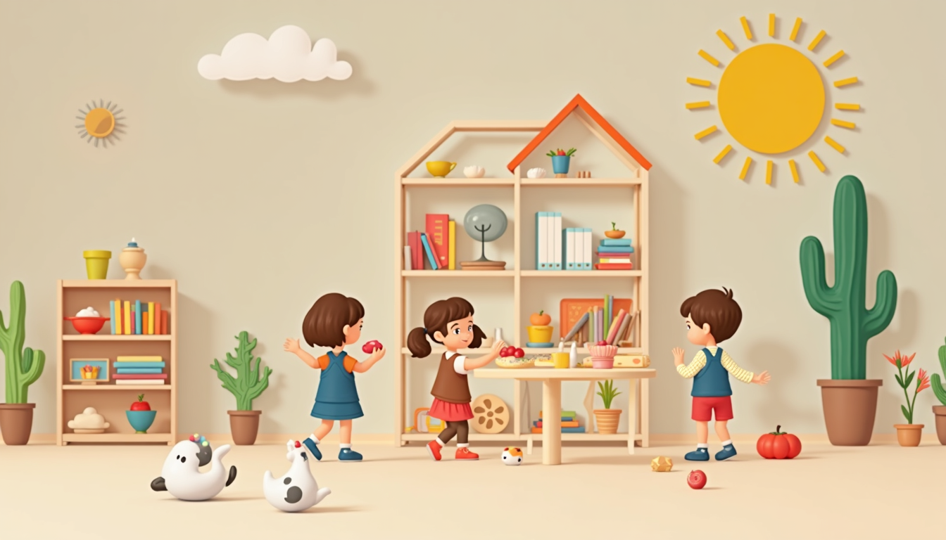 Copii fericiți explorând materiale într-o grădiniță Montessori, simbolizând libertatea și învățarea independentă.