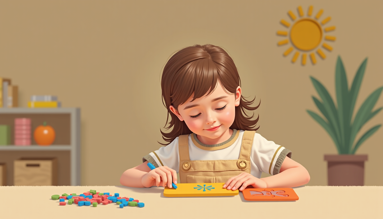 Copii jucându-se într-un mediu Montessori modern, cu materiale educative și tehnologie integrată, reprezentând viziunea